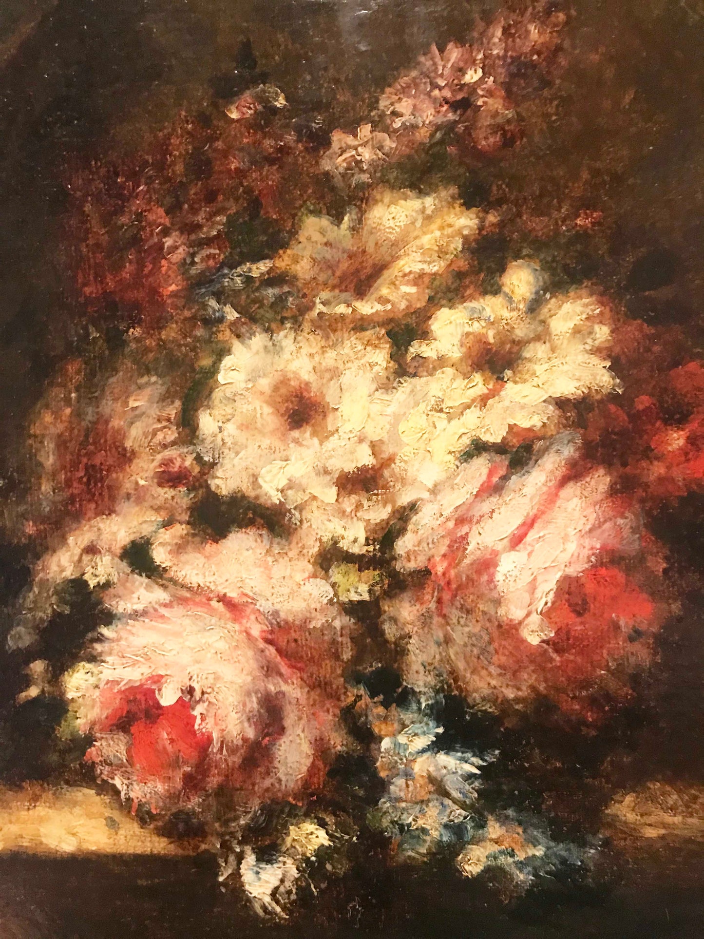 Narcisse DIAZ DE LA PENA "Bouquet de roses et giroflées sur entablement"