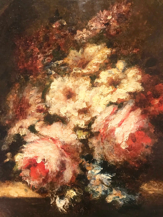 Narcisse DIAZ DE LA PENA "Bouquet de roses et giroflées sur entablement"