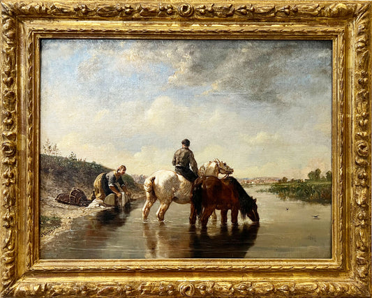 Jules Jacques VEYRASSAT « Bords de rivière avec lavandière et chevaux s’abreuvant »