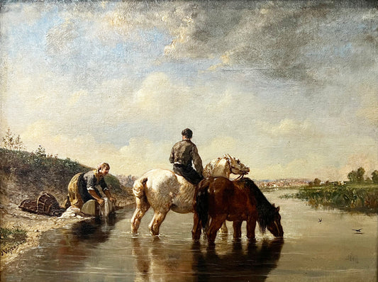 Jules Jacques VEYRASSAT « Bords de rivière avec lavandière et chevaux s’abreuvant »